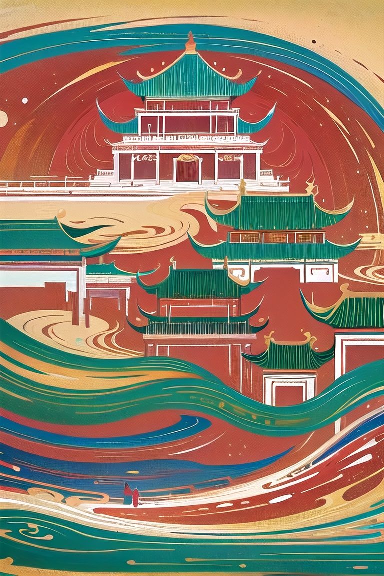 flat illustration,Chinese palace,gold, red,retrostrong contrast