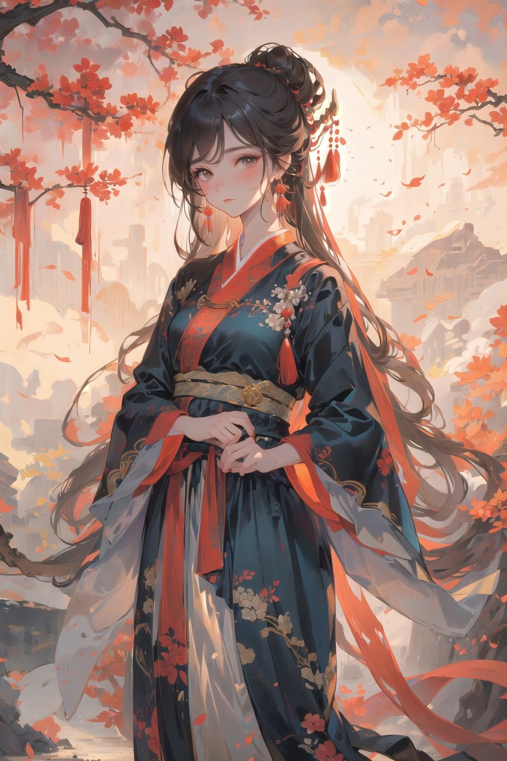  1girl,long hair, trees,blossoms,hanfu, brown hair, ribbon,chinese clothes, looking at viewer, tassel, earrings, wide sleeves, jewelry, standing, long sleeves, eye_shadow,brown eyes, bangs,cute girl,qiuyinong,
 (((masterpiece))), ((extremely detailed CG unity 8k wallpaper)), best quality, high resolution illustration, Amazing, highres, intricate detail, (best illumination, best shadow, an extremely delicate and beautiful),Chinese ink painting,ink wash painting,2D conceptual design