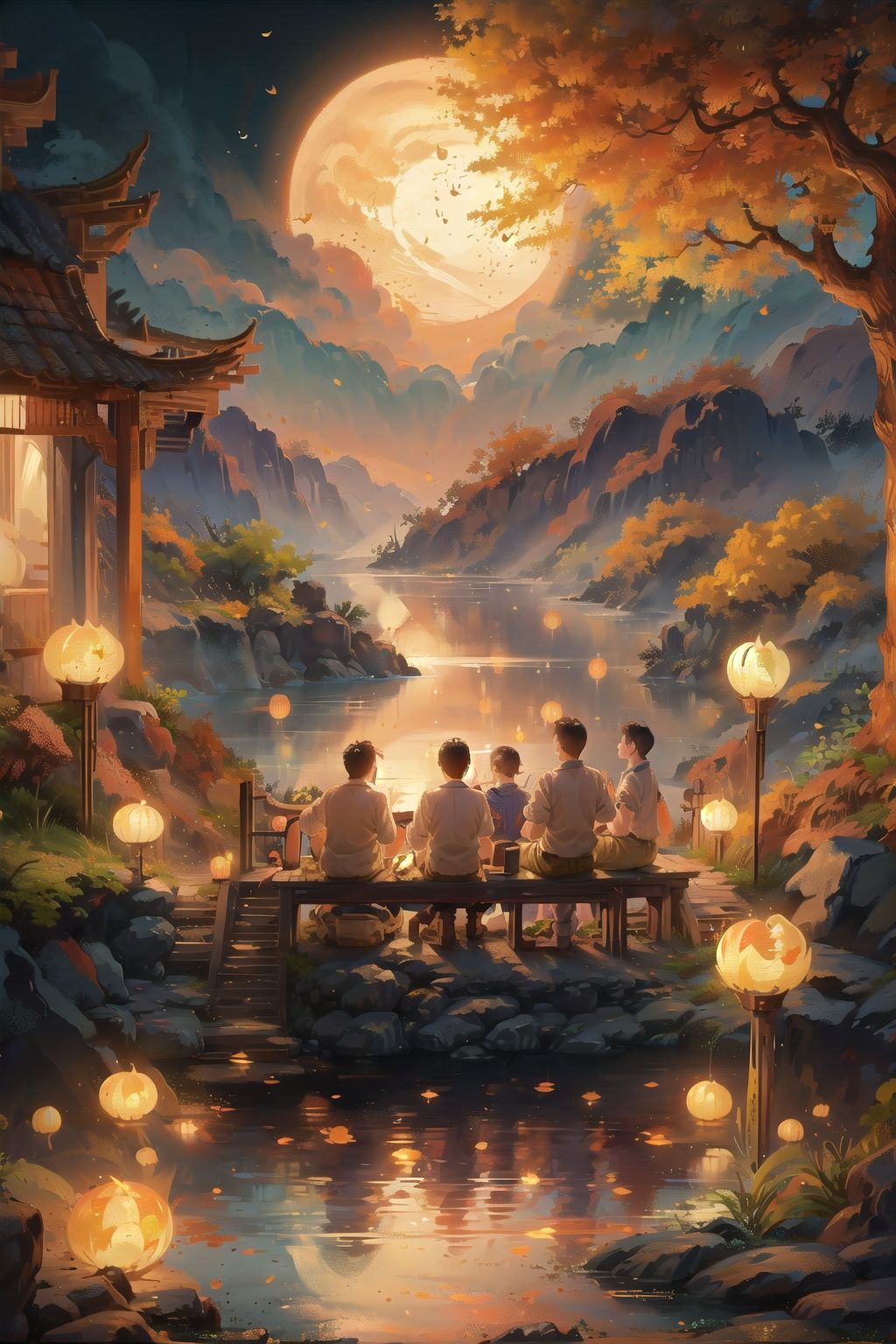 (((masterpiece))), ((extremely detailed CG unity 8k wallpaper)),(best illumination, best shadow, an extremely delicate and beautiful),(mid autumn Festival),qiuyinong, lantern, moon, paper lantern, multiple boys, night, full moon, scenery, sitting, water, east asian architecture, rock, tree, outdoors, architecture, sky, facing away, girls and boys, parent,family