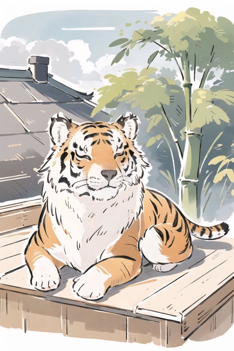  , lovely,1 Tiger,(((solo))),bamboo,rooftop,anime,old street, sleeping, squinting,qiuyinong, dahuangdongjing, corgi style by snatti, cozy animation scenes