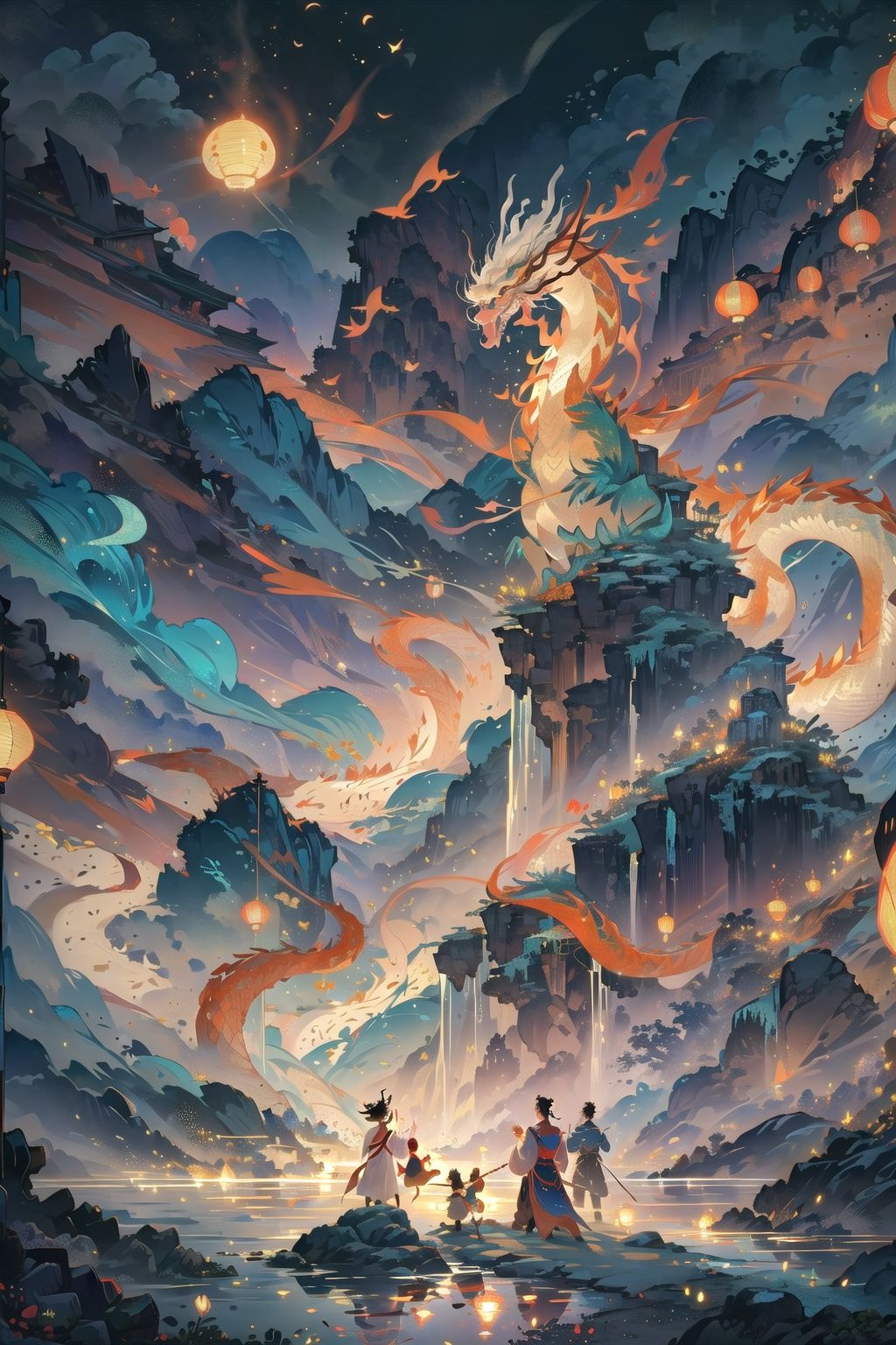 (((masterpiece))), ((extremely detailed CG unity 8k wallpaper)), best quality, high resolution illustration, Amazing, highres, intricate detail, (best illumination, best shadow, an extremely delicate and beautiful),

qiuyinong, eastern dragon, angry giant dragon,flood,thunder,ocean,storm,multiple people inthe mountain,  weapon, facing away, Chinese clothes,Hanfu, sword, paper lantern, sky, standing, child, black hair, outdoors, holding, myth,2D ConceptualDesign