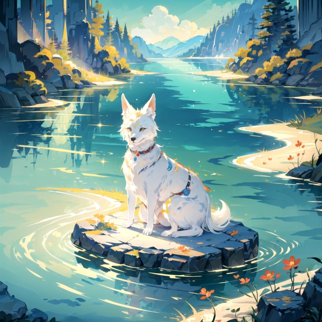  (((masterpiece))), ((extremely detailed CG unity 8k wallpaper)), best quality, high resolution illustration, Amazing, highres, intricate detail, (best illumination, best shadow, an extremely delicate and beautiful),

qiuyinong, a beautiful white fox on a stone,no humans, scenery, water, lake, wave,detailed water reflecting trees,floating pedals,close up, focus on lake,flower,chinese style,acient chinese