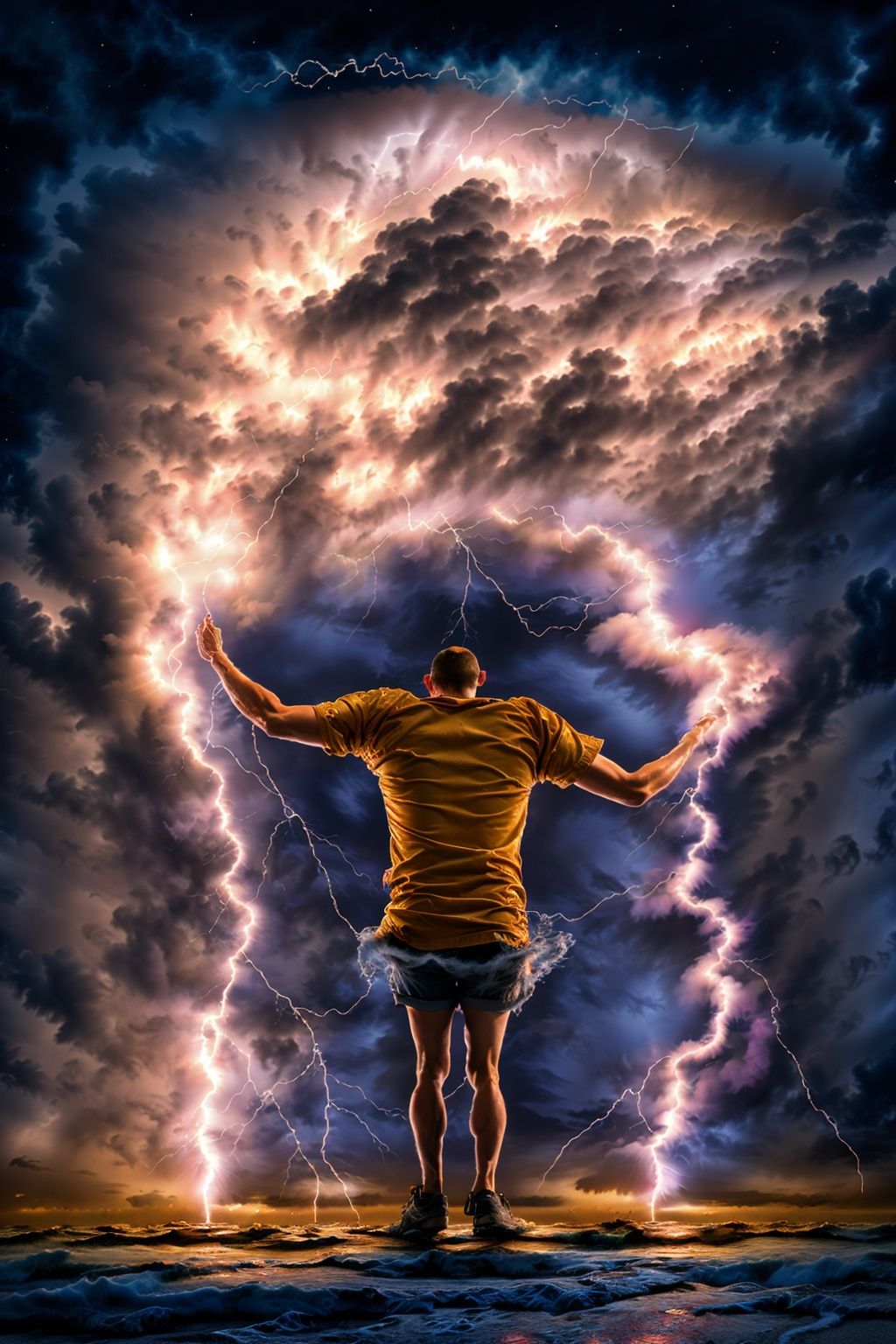 A person formed by lightning dances in the blanket, intricate details, explosion, chaos, lightning, debris, 8k, hyper detailed, magical and epic, epic light, concept and film art, t-shirt design, the most perfect and beautiful image ever created. Image taken with the Sony A7SIII camera. 8k photo cinematic, cinematic, photo, typography,Splash