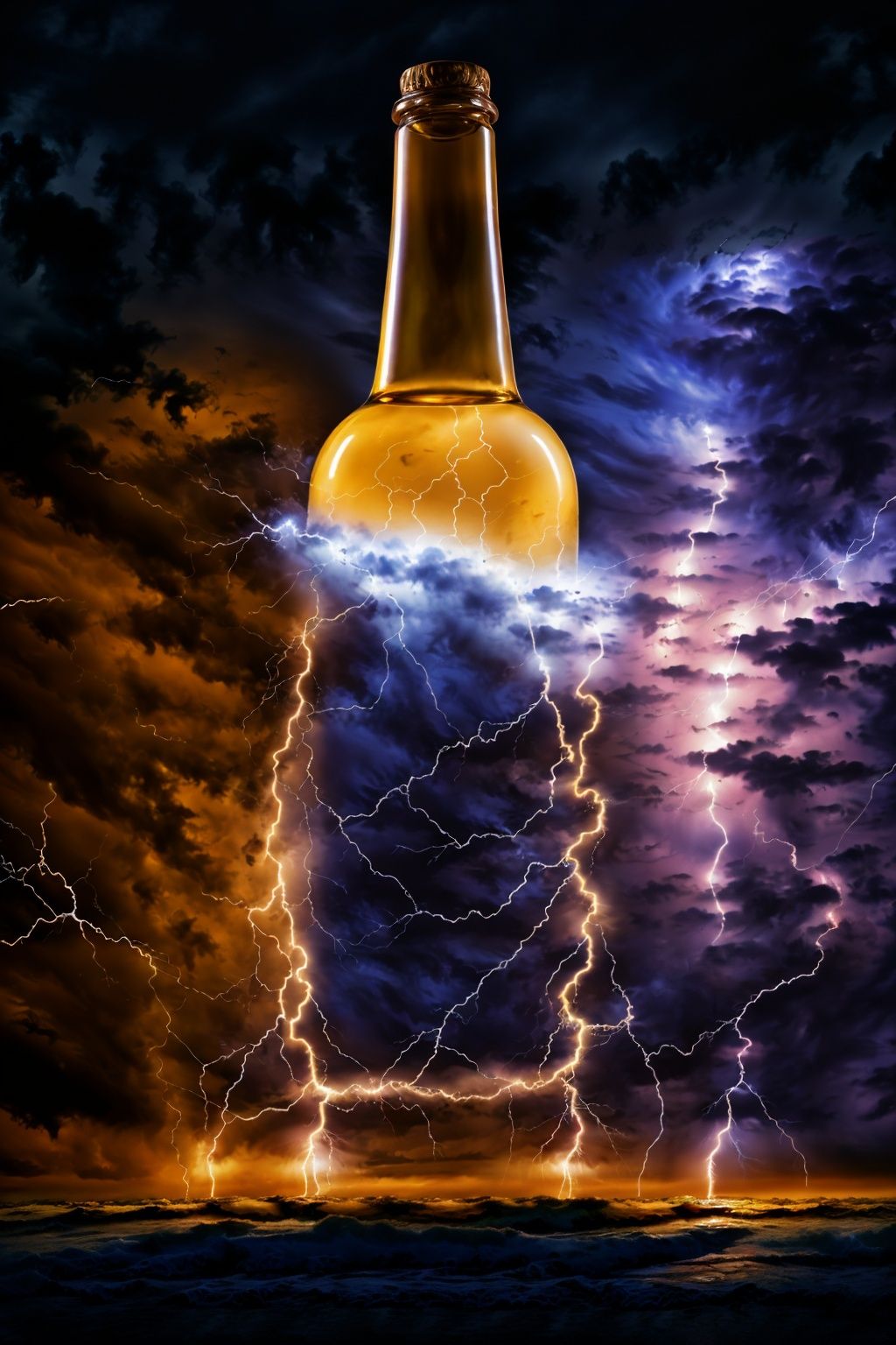 A thunder snake formed by lightning dances in the bottle,intricate details, explosion, chaos, lightning, debris, 8k, hyper detailed, magical and epic, epic light, concept and film art, t-shirt design, the most perfect and beautiful image ever created. Image taken with the Sony A7SIII camera. 8k photo cinematic, cinematic, photo, typography,Splash