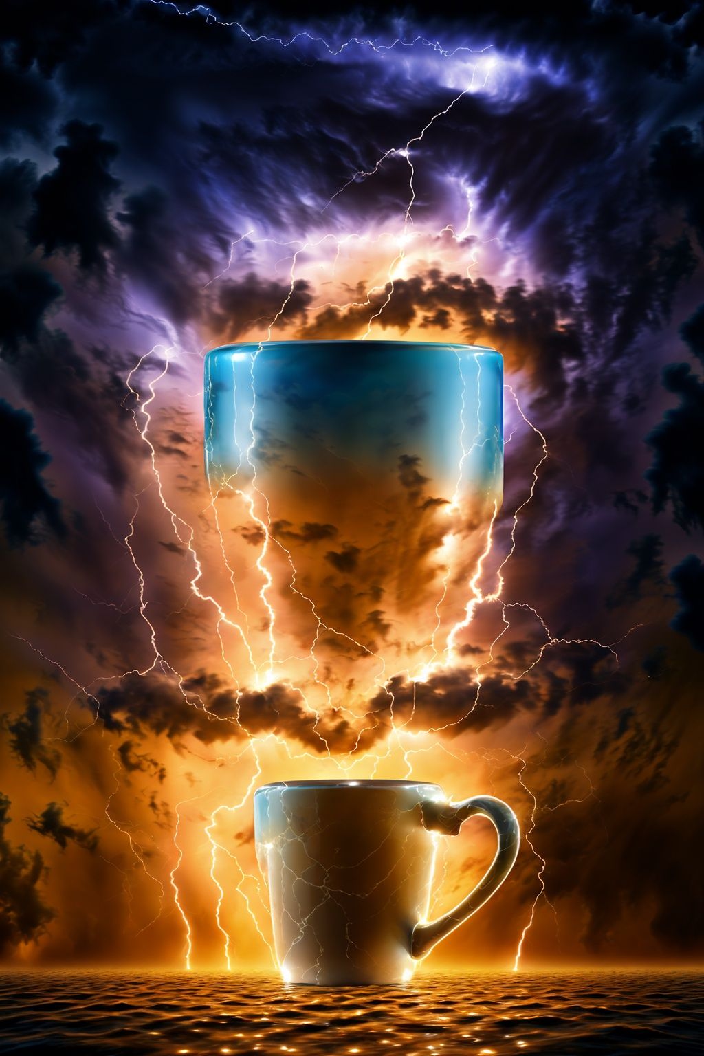 A brontosaurus formed by lightning dances in the cup,intricate details, explosion, chaos, lightning, debris, 8k, hyper detailed, magical and epic, epic light, concept and film art, t-shirt design, the most perfect and beautiful image ever created. Image taken with the Sony A7SIII camera. 8k photo cinematic, cinematic, photo, typography,Splash