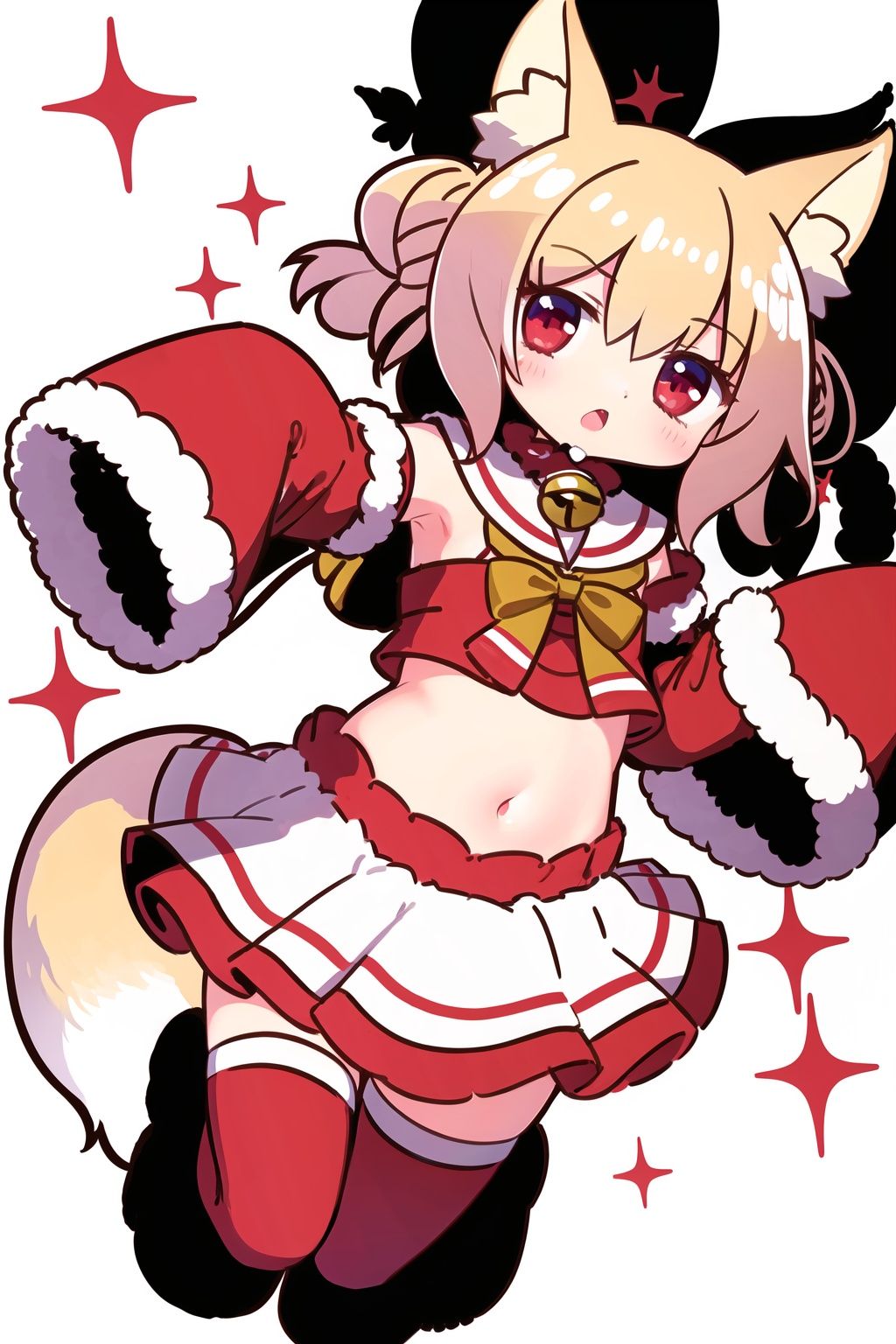 [(white background:1.5)::5],masterpiece, best quality, ultra-detailed, illustration, disheveled hair, frills,chibi,sleeves over wrists,detached sleeves, animal ear fluff, long sleeves, jingle bell, :o, 
1 girl, full body, （sleeves past fingers：1.2）,kemomimi,serafuku,blonde_hair,red eyes,fox_ears,fox girl,fox tail,low twin braids,white thighhighs,hidden hands,dynamic angle, big top sleeves, floating,1girl
