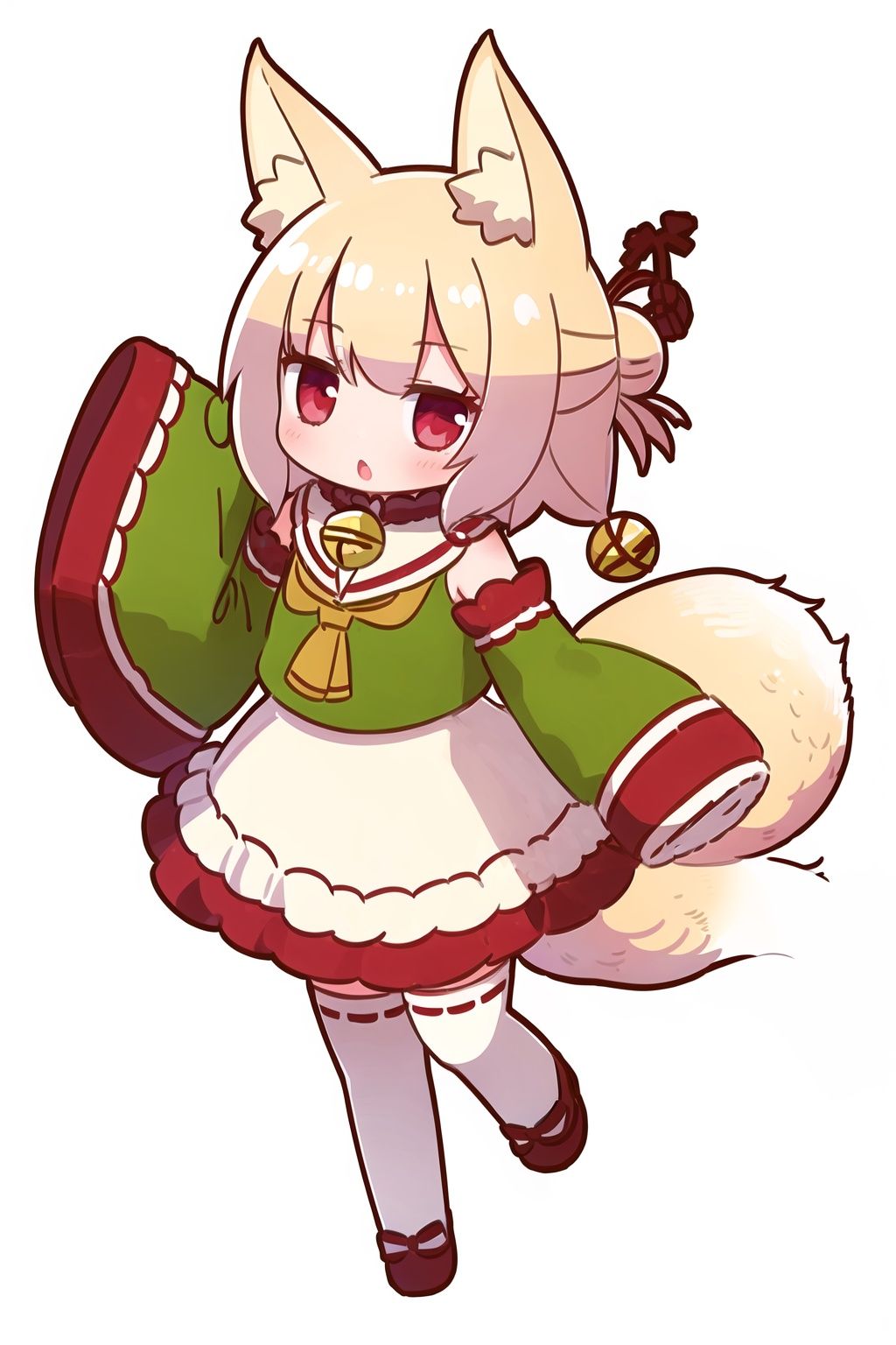 [(white background:1.5)::5],masterpiece, best quality, ultra-detailed, illustration, disheveled hair, frills,chibi,sleeves over wrists,detached sleeves, animal ear fluff, long sleeves, jingle bell, :o, 
1 girl, full body, （sleeves past fingers：1.2）,kemomimi,serafuku,blonde_hair,red eyes,fox_ears,fox girl,fox tail,low twin braids,white thighhighs,hidden hands,dynamic angle, big top sleeves, floating,1girl