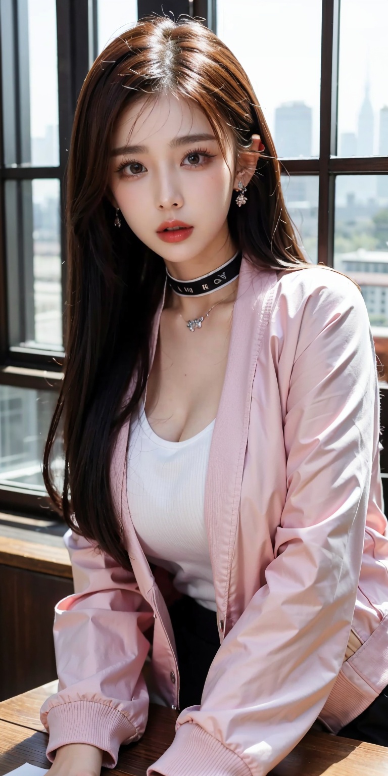  1girl, breasts, choker, cleavage, solo, jewelry, earrings, looking at viewer, long hair, large breasts, indoors, window, chair, classroom, pink hair, shirt, uniform, lips, blue jacket, desk, jacket, black choker, day, brown eyes, upper body, white shirt, realistic, parted lips, v arms,,xinjiang