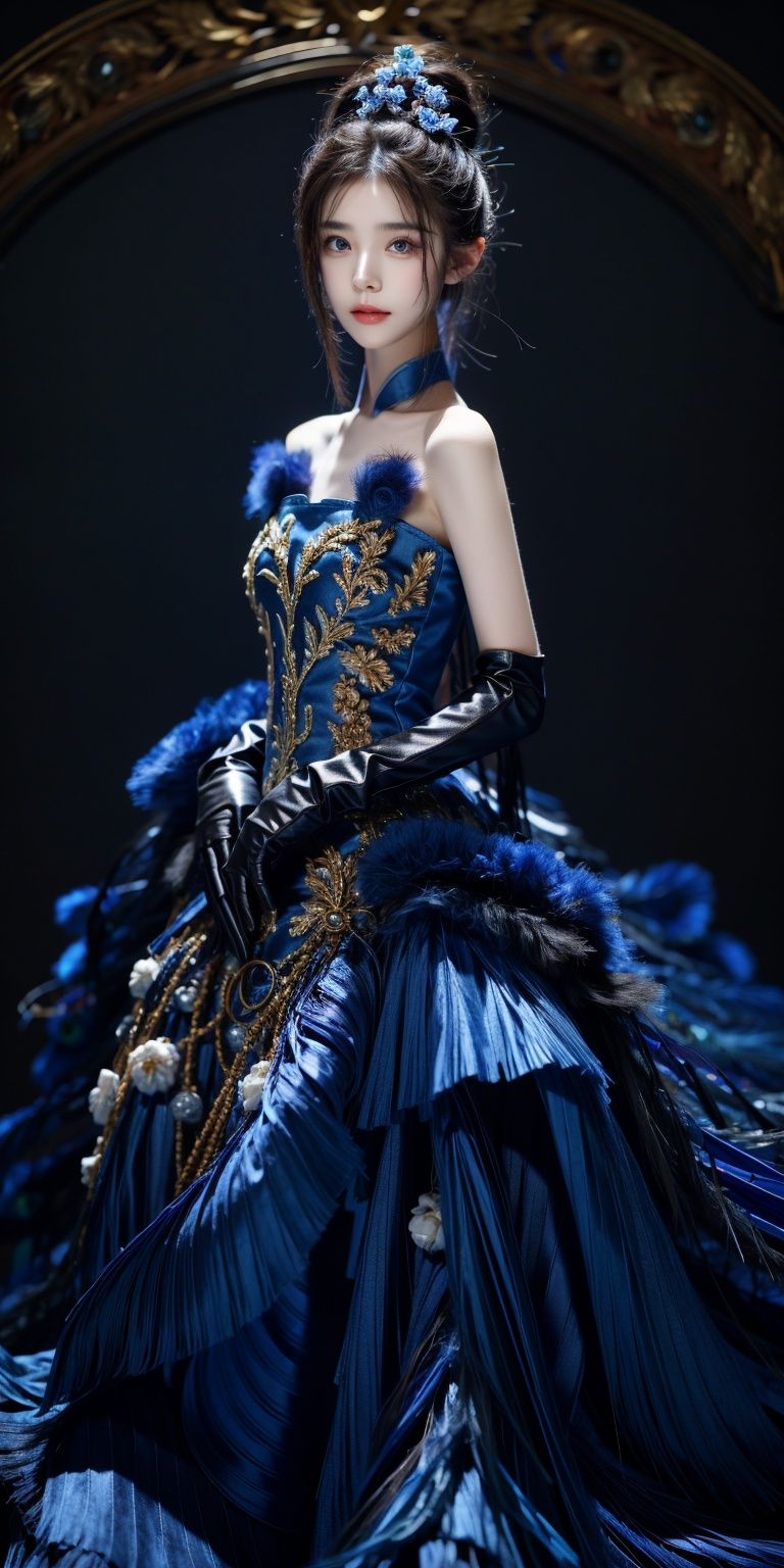 Peacock, 1 girl, solo, dress, gloves, feather dress, look at the audience, hair accessories, elbow gloves, Blue Eyes, cowboy shoot, standing, Hair Bun, bare shoulders, dress, hair bun, black gloves, flowers, Bangs, gray hair, shut up, black background, simple background,1 girl,yuzu,xinjiang,long_hair,looking_at_viewer, kind smile, pose for picture,  floating hair, 