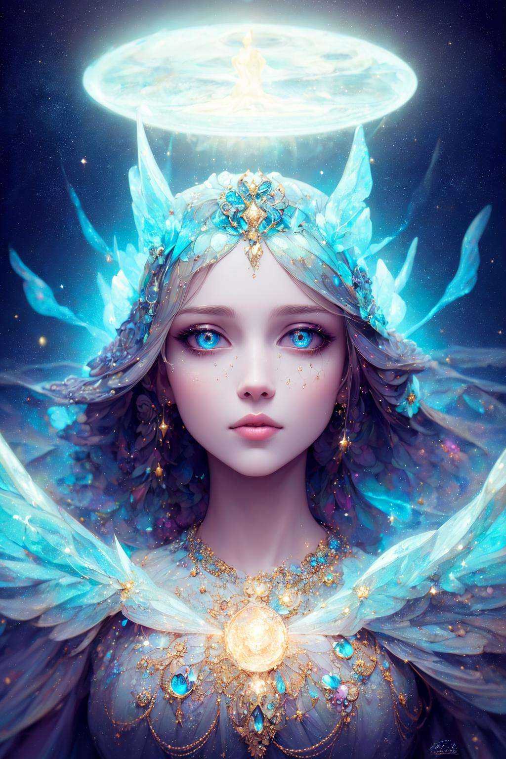 ((best quality)), ((masterpiece)), ((realistic)), portrait,1girl, celestial, deity, goddess, light particles, halo, looking at viewer,(bioluminescent:0.95) ocean, bioluminescent, vibrant, colourful, color, (glowing, glow),(beautiful composition), cinematic lighting, intricate, (symmetrical:0.5), whimsical,<lora:ButterflyX_v26:0.85>