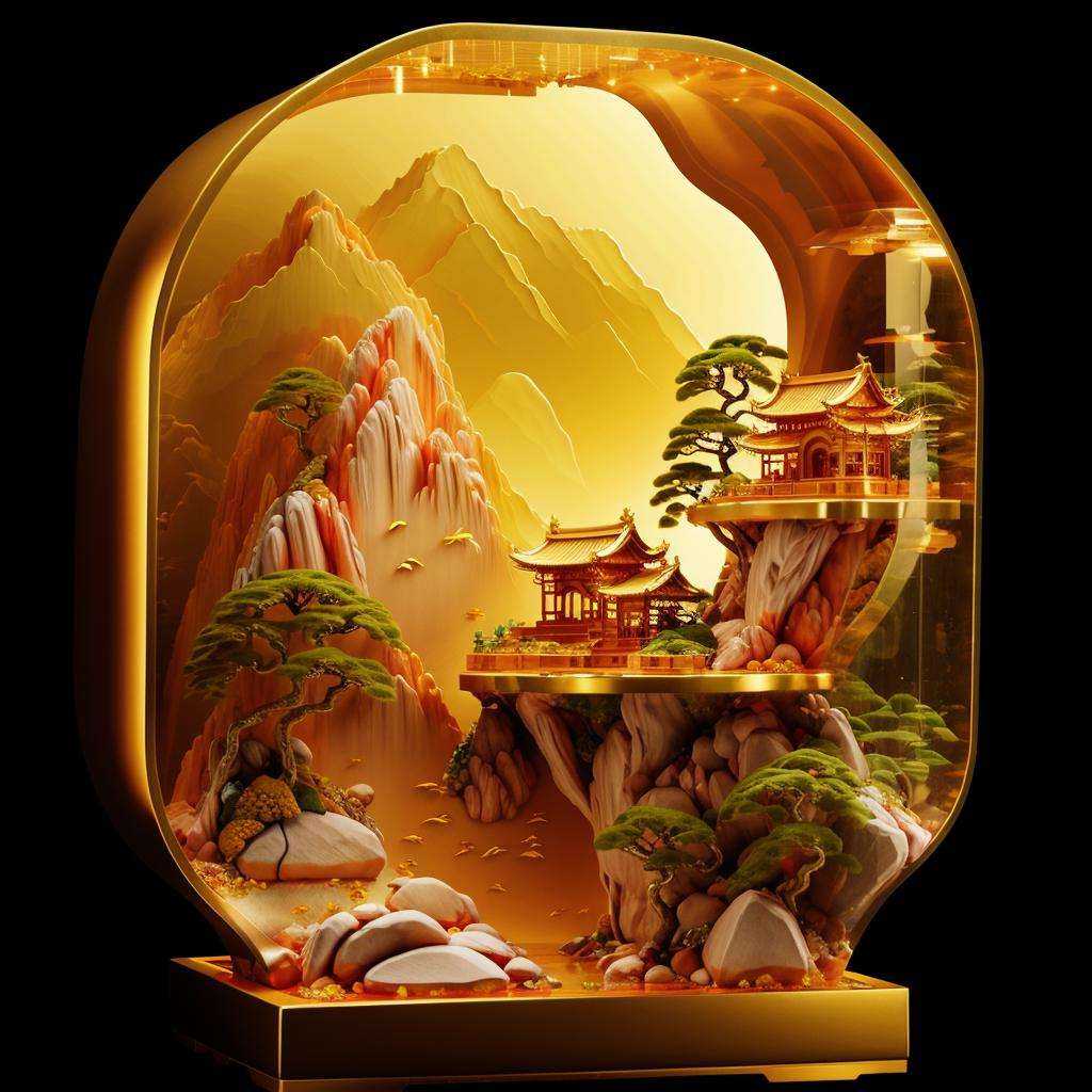 photorealistic,realive,miniature,bonsai in box,golden independent building,grass,nature,no humans,(underwater:1.3),fantasy,goldfish,golden,gold trim,circular ring,fluorescent light,flsorescence,glow,glowing,jade and gem textured,(((golden mountain))),(waters),golden Ancient pavilion,plants,jewelry of jadeite and jade,genuine pearl,(golden auspicious clouds:1.1),towering trees,light strip,mountain road,light strip,backlight,transparent acrylic,<lora:ali_golden_v22:0.8>,