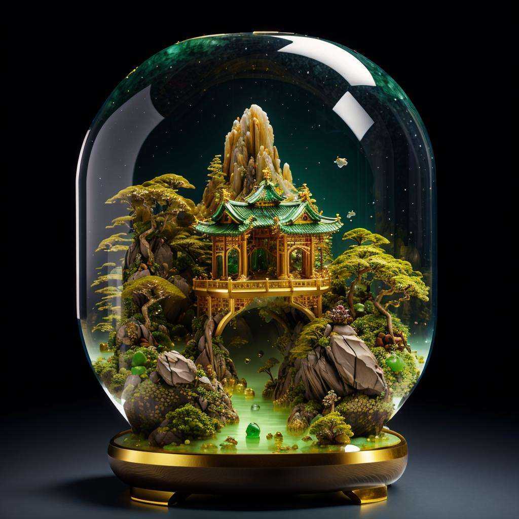 photorealistic,realive,miniature,bonsai in glass box,independent building,grass,nature,no humans,(underwater:1.3),fantasy,goldfish,golden,gold trim,circular ring,fluorescent light,flsorescence,glow,glowing,jade and gem textured,(((mountain made of natural jades and Gems))),(waters),Ancient pavilion,plants,jewelry of jadeite and jade,genuine pearl,(auspicious clouds:1.1),towering trees,<lora:iconsGoBk_v16:0.85>,