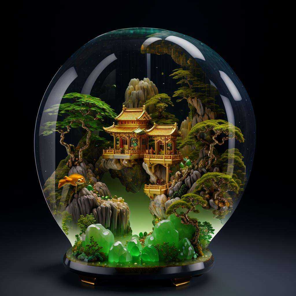photorealistic,realive,miniature,bonsai in glass box,independent building,grass,nature,no humans,(underwater:1.3),fantasy,goldfish,golden,gold trim,circular ring,fluorescent light,flsorescence,glow,glowing,jade and gem textured,(((mountain made of natural jades and Gems))),(waters),Ancient pavilion,plants,jewelry of jadeite and jade,genuine pearl,(auspicious clouds:1.1),towering trees,light strip,transparent acrylic,<lora:ali_golden_v22:0.8>,