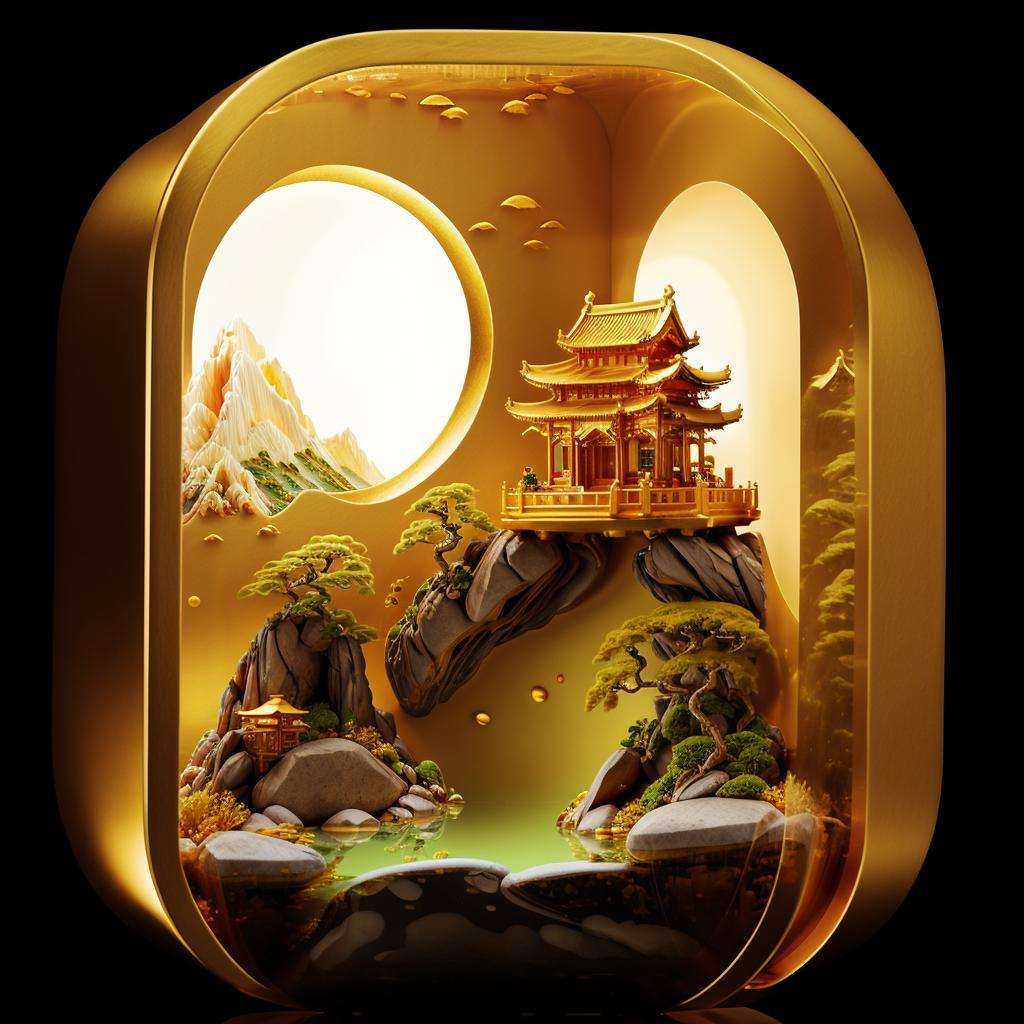 photorealistic,realive,miniature,bonsai in glass box,golden independent building,grass,nature,no humans,(underwater:1.3),fantasy,goldfish,golden,gold trim,circular ring,fluorescent light,flsorescence,glow,glowing,jade and gem textured,(((golden mountain))),(waters),golden Ancient pavilion,plants,jewelry of jadeite and jade,genuine pearl,(golden auspicious clouds:1.1),towering trees,light strip,mountain road,<lora:ali_golden_v22:0.8>,