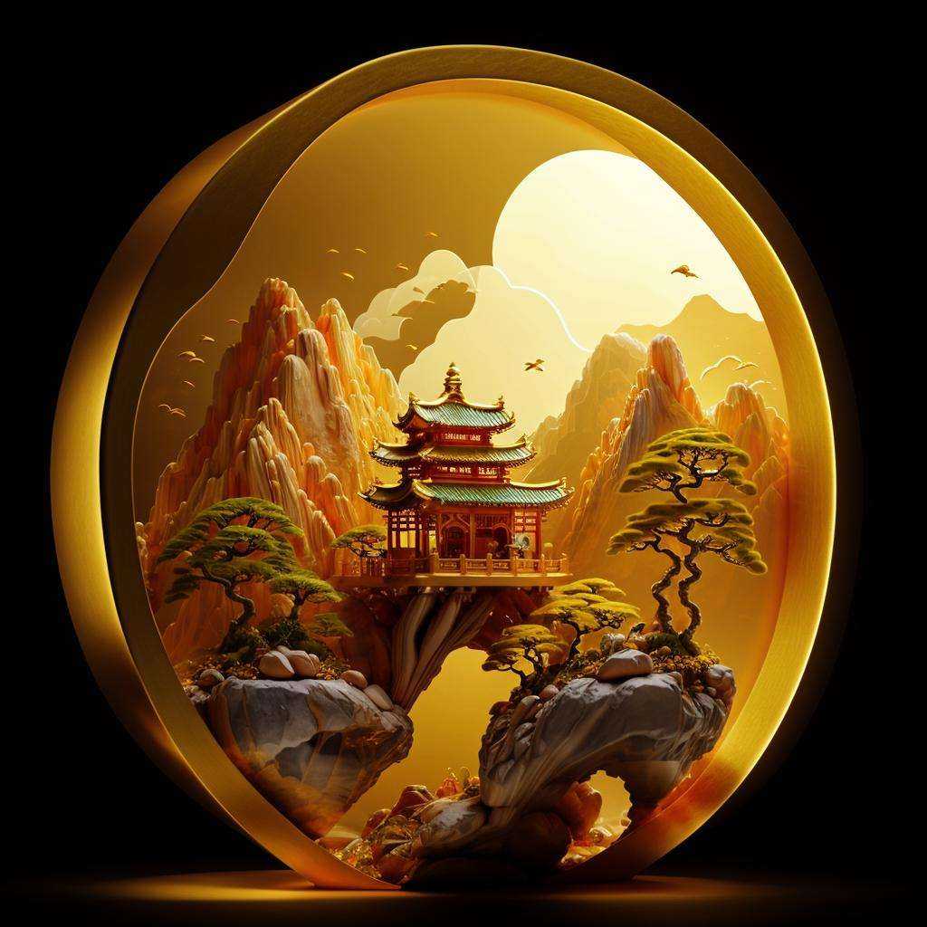 photorealistic,realive,miniature,bonsai in box,golden independent building,grass,nature,no humans,(underwater:1.3),fantasy,goldfish,golden,gold trim,circular ring,fluorescent light,flsorescence,glow,glowing,jade and gem textured,(((golden mountain))),(waters),golden Ancient pavilion,plants,jewelry of jadeite and jade,genuine pearl,(golden auspicious clouds:1.1),towering trees,light strip,mountain road,light strip,backlight,transparent acrylic,<lora:ali_golden_v22:0.8>,