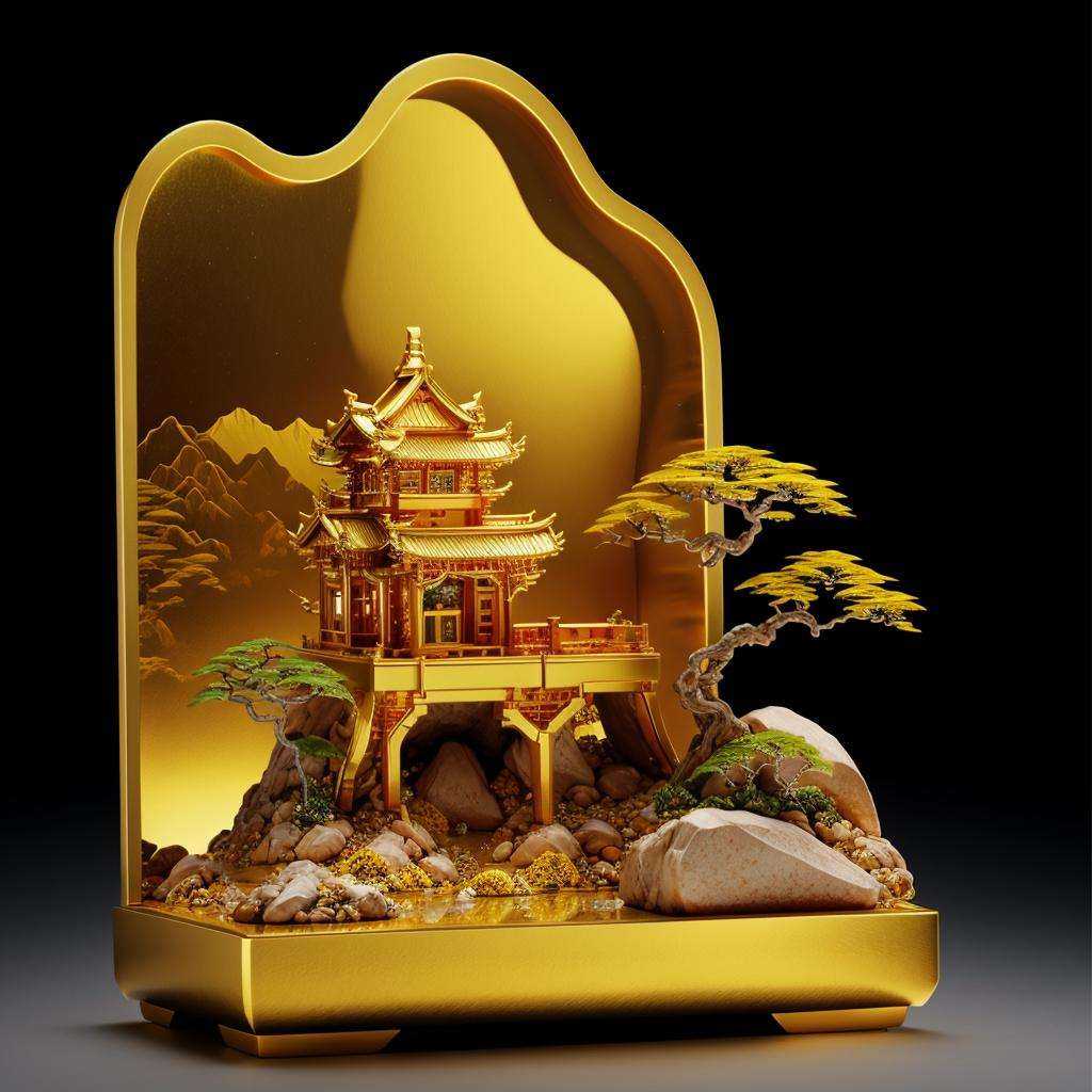 photorealistic,realive,miniature,golden bonsai,golden independent building,nature,no humans,golden plant,fluorescent light,glow,glowing,jade and gem,(golden mountain),(waters),(auspicious clouds:1.1),<lora:ali_golden_v16:0.8>,