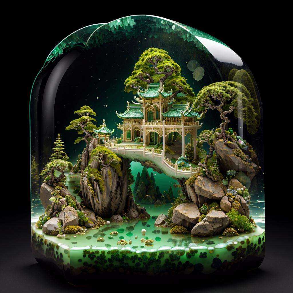 photorealistic,realive,miniature,bonsai in glass box,independent building,grass,nature,no humans,(underwater:1.3),fantasy,goldfish,golden,gold trim,circular ring,fluorescent light,flsorescence,glow,glowing,jade and gem textured,(((mountain made of natural jades and Gems))),(waters),Ancient pavilion,plants,jewelry of jadeite and jade,genuine pearl,(auspicious clouds:1.1),towering trees,