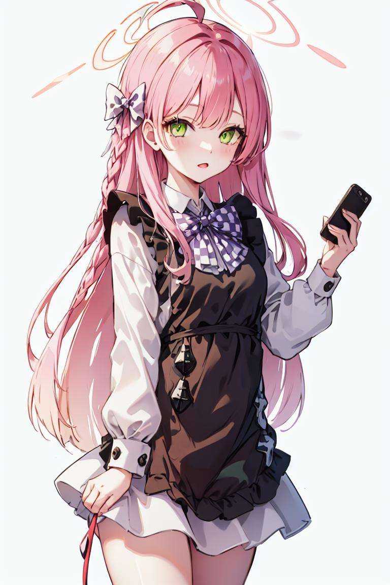 outfit-blackkitty, 1girl, green eyes, long hair, solo, halo,cowboy shot,mini hat, white background, simple background, bangs,phone <lora:char-hanako:1> <lora:outfit-black_kitty's_giftV2:0> <lora:outfit-black_kitty's_giftV2-000008:1>