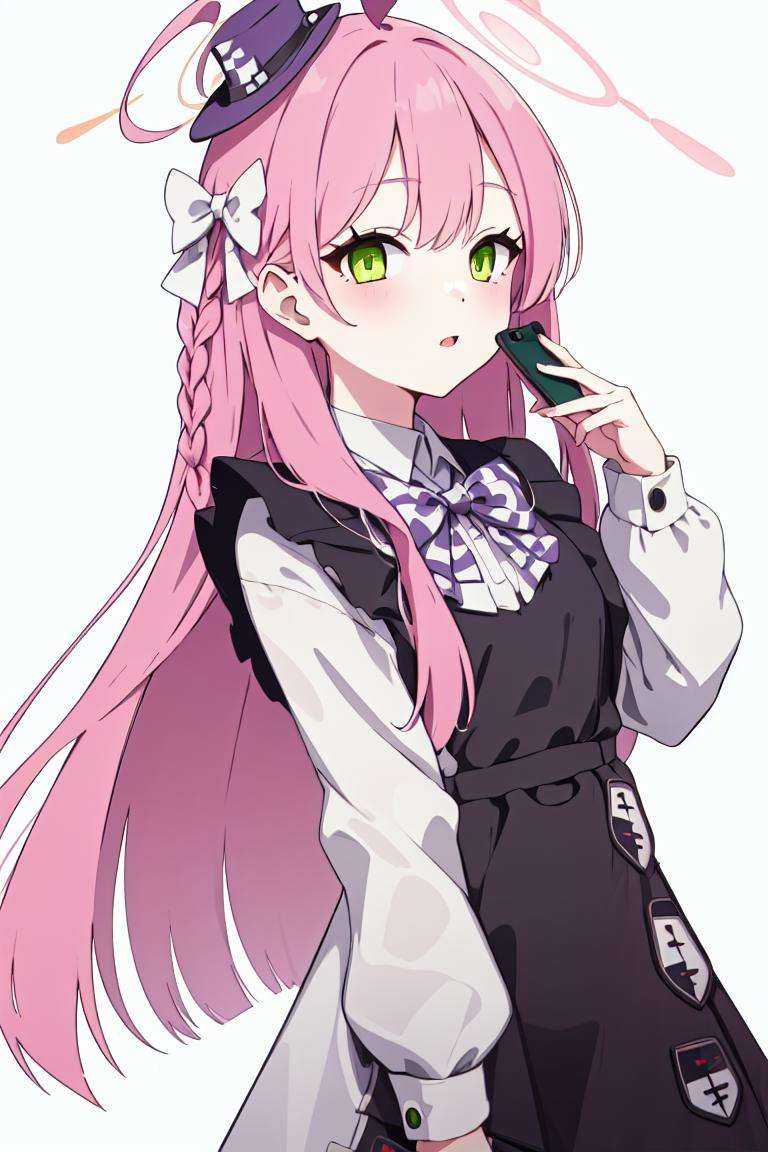 outfit-blackkitty, 1girl, green eyes, long hair, solo, halo,cowboy shot,mini hat, white background, simple background, bangs,phone <lora:char-hanako:1> <lora:outfit-black_kitty's_giftV2:1>