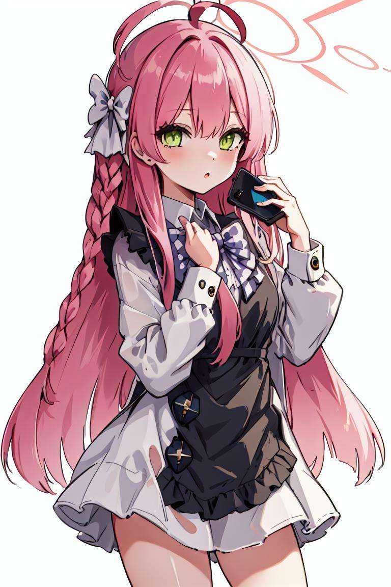 outfit-blackkitty, 1girl, green eyes, long hair, solo, halo,cowboy shot,mini hat, white background, simple background, bangs,phone <lora:char-hanako:1> <lora:outfit-black_kitty's_giftV2:1>