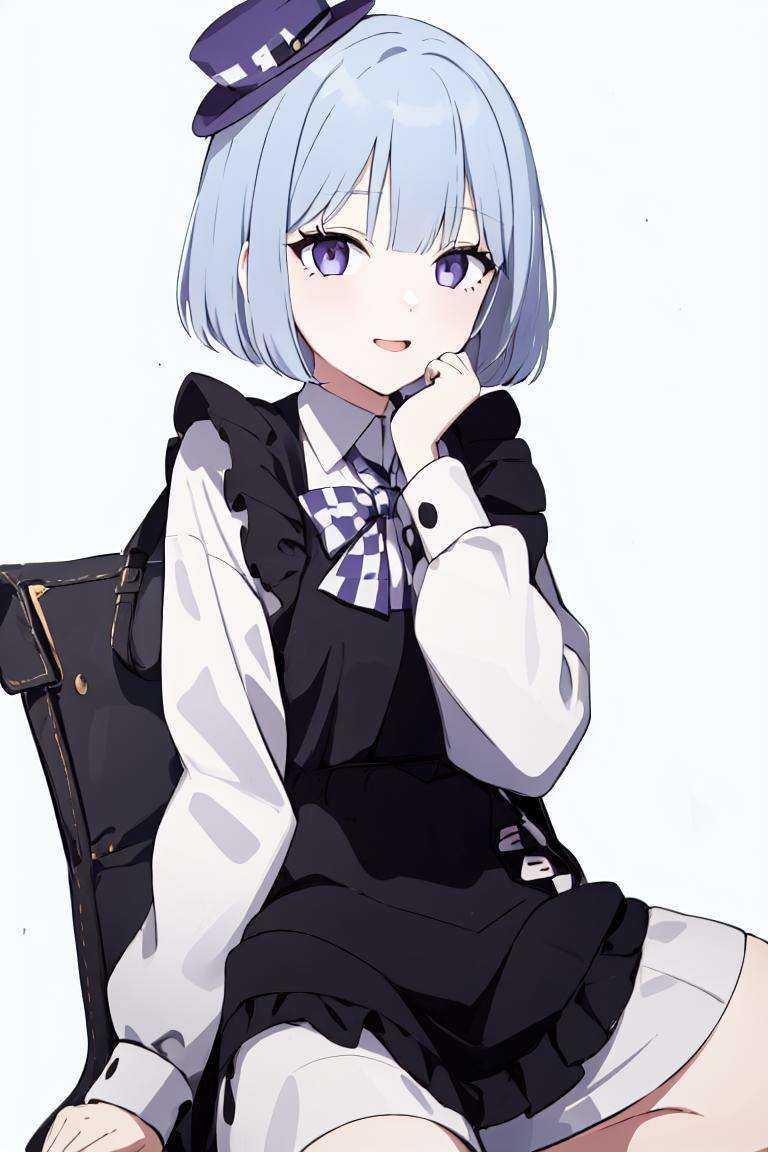 outfit-blackkitty, 1girl,  solo, cowboy shot,bob cut,mini hat,squatting, white background, simple background, <lora:char-hanako:0> <lora:outfit-black_kitty's_giftV2:0> <lora:outfit-black_kitty's_giftV2-000008:1> <lora:char-rpk16:1>