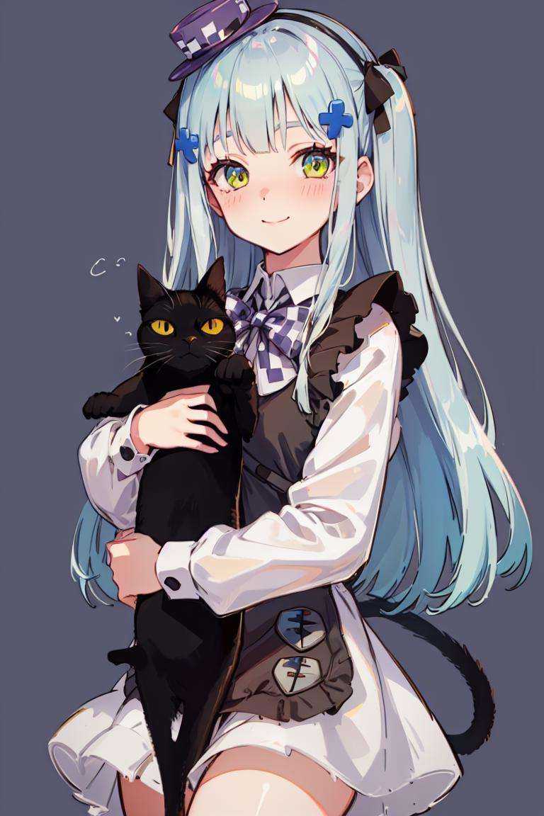 blackkitty- hairstyle, outfit-blackkitty, 1girl, cat, green eyes, long hair, grey hair, mini hat, holding animal, holding cat, hair ornament, bangs, looking at viewer, simple background, solo, smile, holding, blush <lora:outfit-black_kitty's_giftV2-000008:1> <lora:char-rpk16:0>