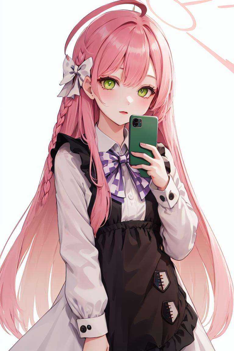 outfit-blackkitty, 1girl, green eyes, long hair, solo, halo,cowboy shot,mini hat, white background, simple background, bangs,phone <lora:char-hanako:1> <lora:outfit-black_kitty's_giftV2:1>