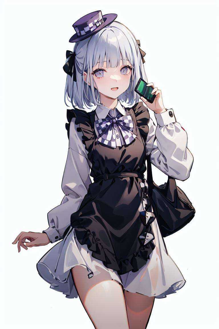 outfit-blackkitty, 1girl,  solo, cowboy shot,mini hat, white background, simple background, phone <lora:char-hanako:0> <lora:outfit-black_kitty's_giftV2:0> <lora:outfit-black_kitty's_giftV2-000008:1> <lora:char-rpk16:1>
