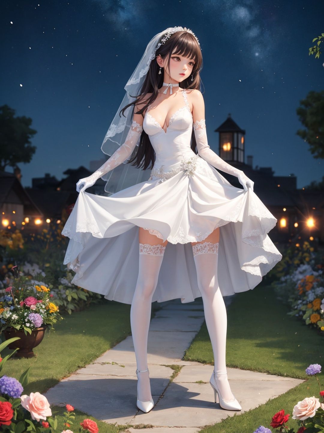 ((one girl, (solo)), cute), (((full body))), (((small breasts))), looking at viewerBREAK(hair ornament, very long hair, colored inner hair),BREAKdetailed facial expressions ,finely detailed beautiful eyes and detailed face, perfect body,  (white) lace thighhighs,BREAK(white lace-trimmed elbow gloves),((ribbon choker , bride dress, wedding dress)), ((high heels)),BREAK((fireworks), flowers field, night sky, night, ray tracing, ), (colorful), best shadow, cinematic lighting, 8k, 4k, high resolution,BREAKmasterpiece, best quality,, masterpiece, best quality,