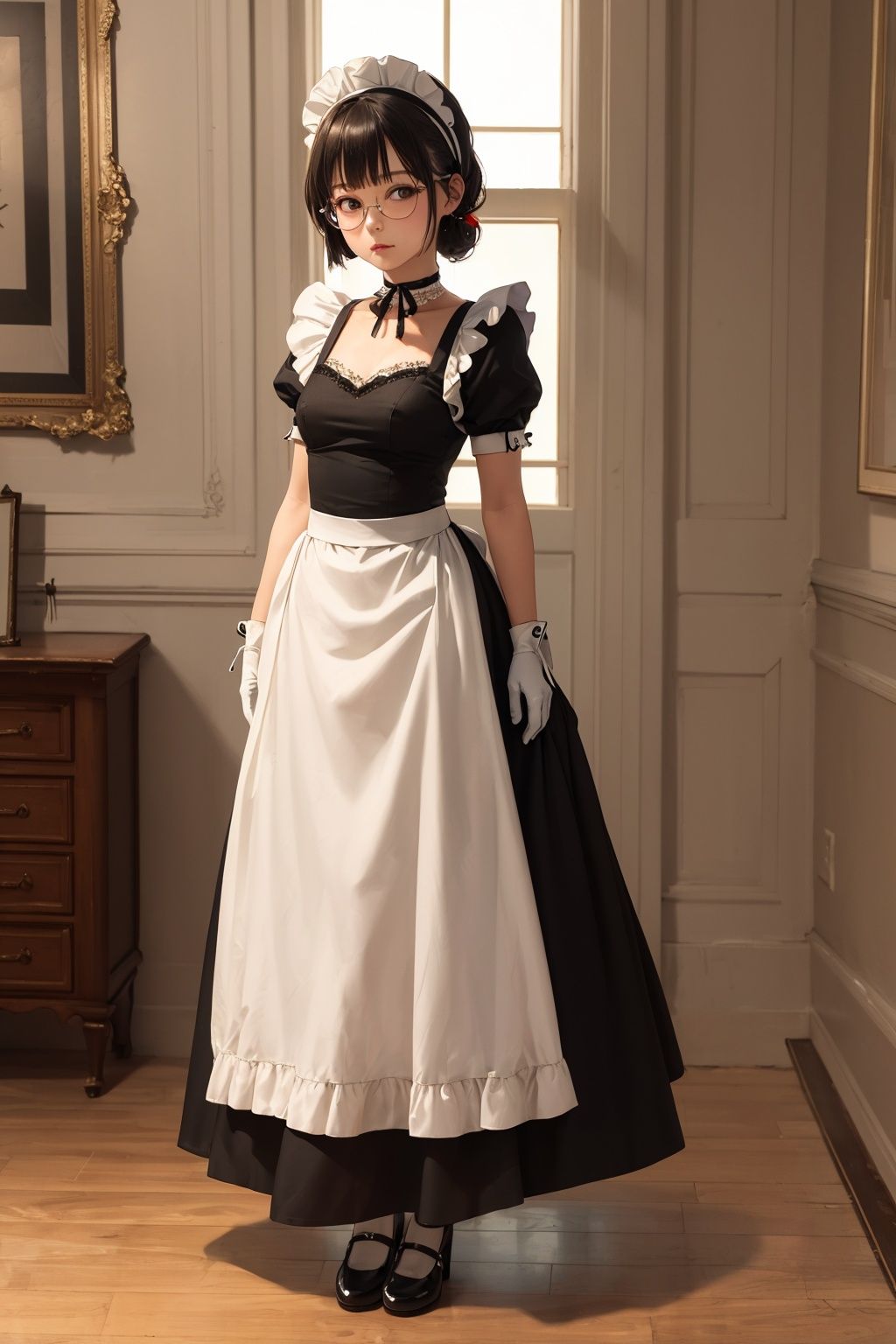 ((one girl, loli, maid, (solo)), cute, kawaii), petite, tiny, (((full body))), (small breasts), looking at viewer,BREAKstanding,(maid headdress),cute hair, colored inner hair,BRAEK(glasses), detailed facial expressions ,finely detailed beautiful eyes and detailed face, perfect body,  tastefully designed  thighhighs,BREAK(lace-trimmed elbow gloves),((ribbon choker , (maid,enmaided),  (very long maid dress, (long skirt for a maid up to ankles)))), ((mary janes)),BREAK(bedroom, ray tracing, ), (colorful), best shadow, cinematic lighting, 8k, 4k, high resolution,BREAKmasterpiece, best quality,, masterpiece, best quality,