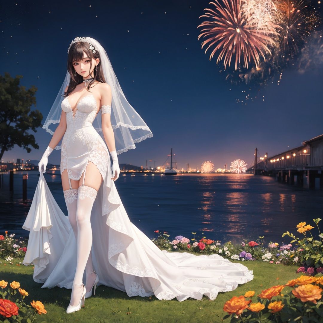 ((one girl, (solo)), cute), (((full body))), (((small breasts))), looking at viewerBREAK(hair ornament, very long hair, colored inner hair),BREAKdetailed facial expressions ,finely detailed beautiful eyes and detailed face, perfect body,  (white) lace thighhighs,BREAK(white lace-trimmed elbow gloves),((ribbon choker , bride dress, wedding dress)), ((high heels)),BREAK(((fireworks)), flowers field, night sky, night, ray tracing, ), (colorful), best shadow, cinematic lighting, 8k, 4k, high resolution,BREAKmasterpiece, best quality,, masterpiece, best quality,