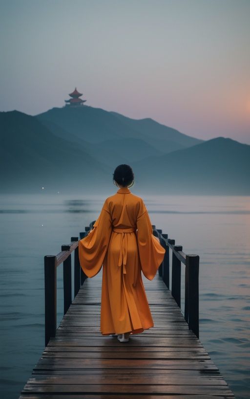 Human walking in ocean front in a orange dress, in the style of dramatic, somber religious works, provia film, zen - inspired, muted colours, tabletop photography, dark yellow, A chinese beautiful girl is walking on a wooden pier, in the style of dark yellow and light orange, alessio albi, zen buddhism influence, roger deakins, photo, patience of a saint, violet and orange 