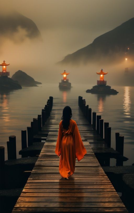 Human walking in ocean front in a orange dress, in the style of dramatic, somber religious works, provia film, zen - inspired, muted colours, tabletop photography, dark yellow, A chinese beautiful girl is walking on a wooden pier, in the style of dark yellow and light orange, alessio albi, zen buddhism influence, roger deakins, photo, patience of a saint, violet and orange 
