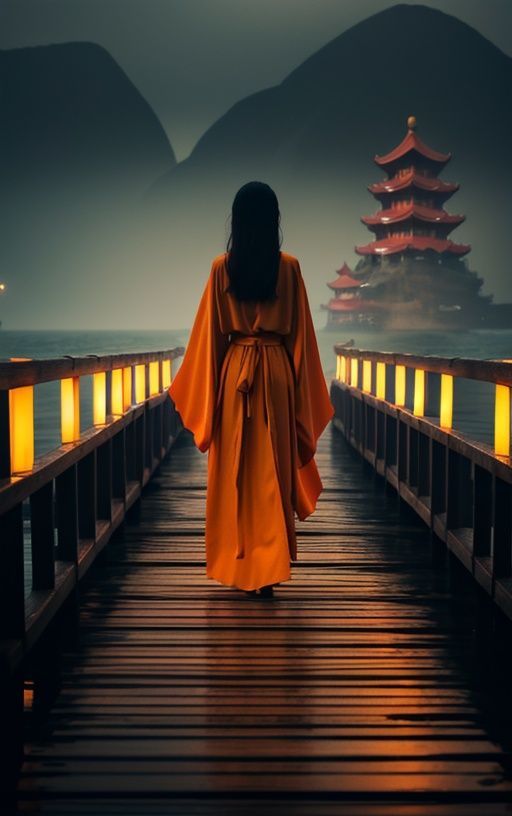 Human walking in ocean front in a orange dress, in the style of dramatic, somber religious works, provia film, zen - inspired, muted colours, tabletop photography, dark yellow, A chinese beautiful girl is walking on a wooden pier, in the style of dark yellow and light orange, alessio albi, zen buddhism influence, roger deakins, photo, patience of a saint, violet and orange 