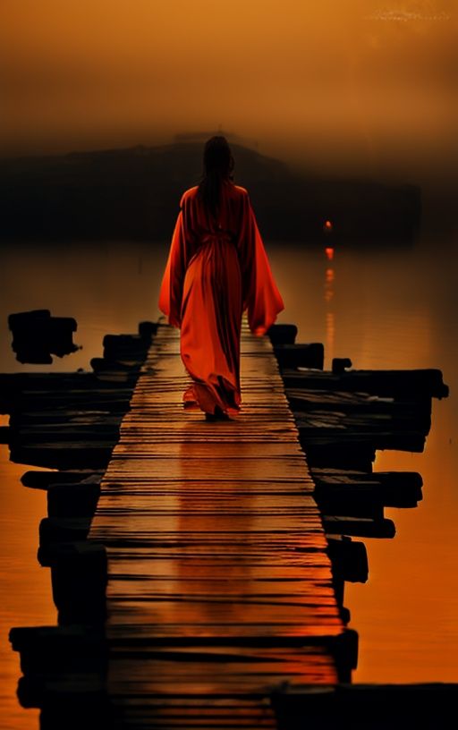 Human walking in ocean front in a orange dress, in the style of dramatic, somber religious works, provia film, zen - inspired, muted colours, tabletop photography, dark yellow, A chinese beautiful girl is walking on a wooden pier, in the style of dark yellow and light orange, alessio albi, zen buddhism influence, roger deakins, photo, patience of a saint, violet and orange 