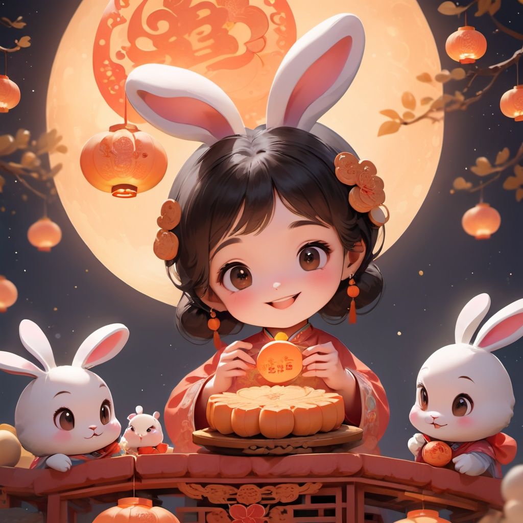 (\zhong qiu\),1girl, rabbit, rabbit ears, hair ornament, moon, smile,  full moon, solo, holding, night, black hair, brown eyes, long sleeves,mooncake,food,