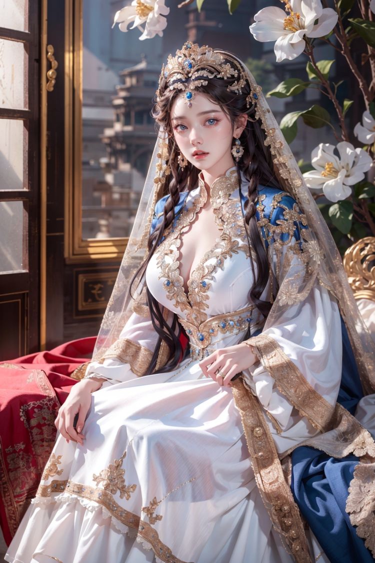 (Masterpiece, Best Quality), a girl in a white and blue dress. Luxurious dress, detailed fabric texture, ray tracing, ultra wide angle, 4K, award-winning, Yuyao, huge breasts, long hair, luxury, nobility, beauty, ultra realistic, ultra clear picture quality, 8K, luxurious palace background, domineering queen, enchanting figure, dynamic posture, sitting, full of immortality, soft light. On the other side of the flower is a large box, official art, 8k unit wallpaper, super detailed, beautiful, masterpiece, best quality, very detailed, dynamic angle, realistic, realistic, detailed details, clear focus, movie lighting,