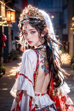 Wide angle lens, masterpiece, top quality, best quality, official art, beauty and aesthetics, bustling streets, festive atmosphere, fireworks, 1 girl, ten thousand family lights, blooming, (Bohemia print top: 1.4), (upper body close-up: 1.2), female focus, detailed portrait photos, looking back,