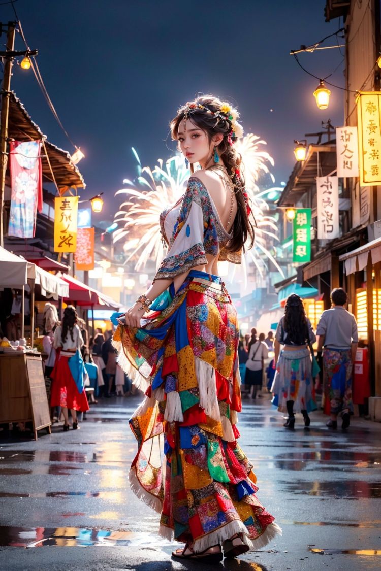 Fisheyes,masterpiece,top quality,best quality,official art,beautiful and aesthetic,a bustling street,the atmosphere of the festival,fireworks,1 girl,wanjia lights,blooming,(Bohemian_printed_top:1.4),(Flowy_maxi_skirt:1.3),(Layered_necklaces:1.2),looking back,