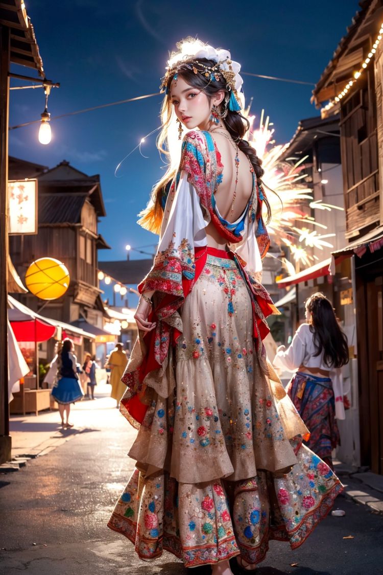 Fisheyes,masterpiece,top quality,best quality,official art,beautiful and aesthetic,a bustling street,the atmosphere of the festival,fireworks,1 girl,wanjia lights,blooming,(Bohemian_printed_top:1.4),(Flowy_maxi_skirt:1.3),(Layered_necklaces:1.2),looking back,