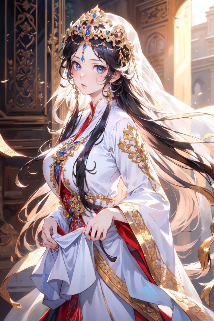 Luxury, noble, beautiful, super realistic, super clear picture quality, 8k, luxurious palace background, overbearing queen, enchanting figure, hand behind, background with holy light runes flashing, immortal aura diffuse, soft light... The other side flower has a big chest, official art, unit 8k wallpaper, super detailed, beautiful and beautiful, masterpiece, best quality, very detailed, dynamic Angle, paper skin, radius, brightness, a painting, a girl in a white and gold gauze dress standing elegantly. Her clothes reflect a luxurious texture, and her presence radiates power. (Masterpiece, best quality, more detail, vertical, realistic, realistic, one detail, sharp focus, movie lighting), ray tracing, Ultra Wide Angle, 4K, Award winning, Yuyao, huge breasts, long hair,