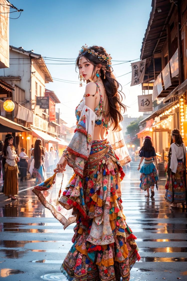 Fisheyes,masterpiece,top quality,best quality,official art,beautiful and aesthetic,a bustling street,the atmosphere of the festival,fireworks,1 girl,wanjia lights,blooming,(Bohemian_printed_top:1.4),(Flowy_maxi_skirt:1.3),(Layered_necklaces:1.2),looking back,