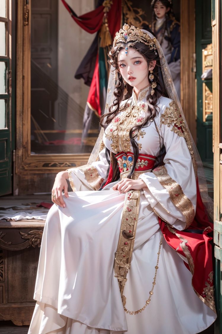 (Masterpiece, Best Quality), a girl in a white and red dress. Luxurious dress, detailed fabric texture, ray tracing, ultra wide angle, 4K, award-winning, Yuyao, huge breasts, long hair, luxury, nobility, beauty, ultra realistic, ultra clear picture quality, 8K, luxurious palace background, domineering queen, enchanting figure, dynamic posture, sitting, full of immortality, soft light. On the other side of the flower is a large box, official art, 8k unit wallpaper, super detailed, beautiful, masterpiece, best quality, very detailed, dynamic angle, realistic, realistic, detailed details, clear focus, movie lighting,