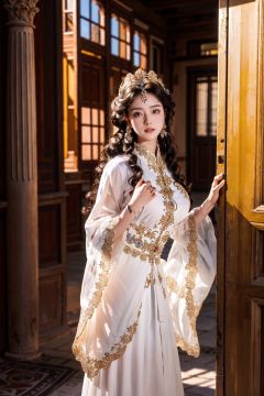 (Masterpiece, Best Quality, More Details, Vertical, Realistic, Realistic, One Detail, Clear Focus, Movie Lighting), A girl wearing an elegant white and gold dress. Her clothes exude a luxurious texture, and her presence exudes power. Ray tracing, ultra wide angle, 4K, award-winning, Yuyao, giant breasts, long hair, luxury, noble, beautiful, ultra realistic, ultra clear picture quality, 8K, luxurious palace background, domineering queen, enchanting figure, hands behind you, background holy light talisman flickering, full of immortality, soft light. On the other side of the flower, there is a large chest, official art, 8k unit wallpaper, super detailed, beautiful, masterpiece, the best quality, very detailed, dynamic angle, paper cover, radius, brightness