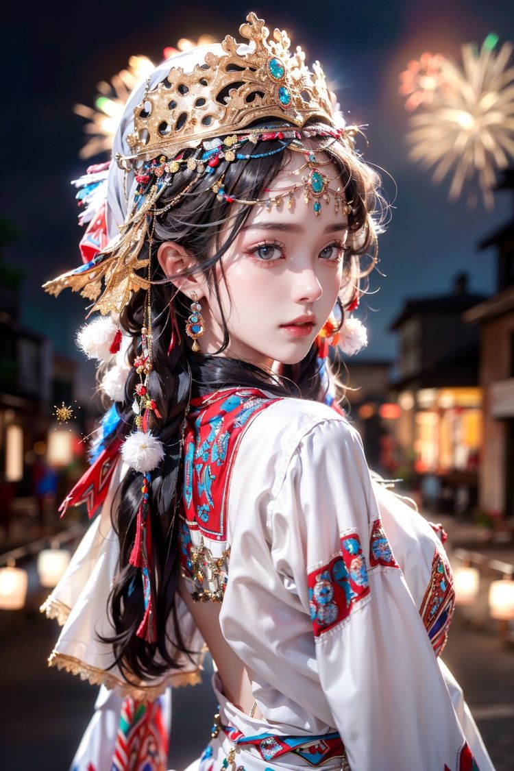 Wide angle lens, masterpiece, top quality, best quality, official art, beauty and aesthetics, bustling streets, festive atmosphere, fireworks, 1 girl, ten thousand family lights, blooming, (Bohemia print top: 1.4), (upper body close-up: 1.2), female focus, detailed portrait photos, looking back,