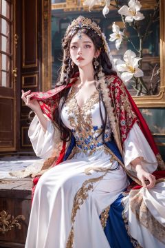 (Masterpiece, Best Quality), a girl in a white and blue dress. Luxurious dress, detailed fabric texture, ray tracing, ultra wide angle, 4K, award-winning, Yuyao, huge breasts, long hair, luxury, nobility, beauty, ultra realistic, ultra clear picture quality, 8K, luxurious palace background, domineering queen, enchanting figure, dynamic posture, sitting, full of immortality, soft light. On the other side of the flower is a large box, official art, 8k unit wallpaper, super detailed, beautiful, masterpiece, best quality, very detailed, dynamic angle, realistic, realistic, detailed details, clear focus, movie lighting,