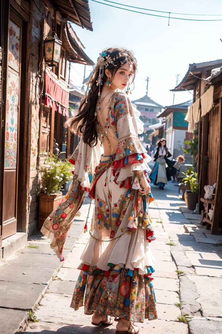 Fisheyes,masterpiece,top quality,best quality,official art,beautiful and aesthetic,a bustling street,the atmosphere of the festival,fireworks,1 girl,wanjia lights,blooming,(Bohemian_printed_top:1.4),(Flowy_maxi_skirt:1.3),(Layered_necklaces:1.2),looking back,