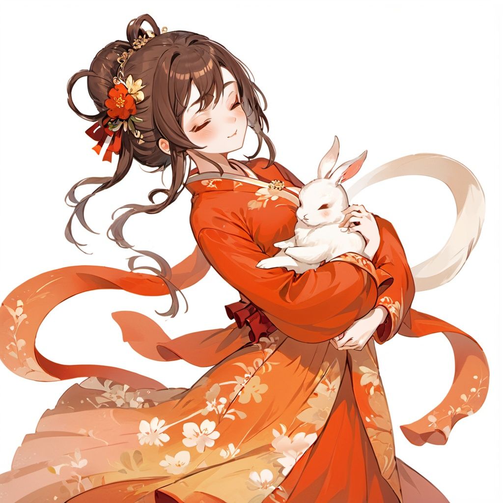 (\chang e\),1girl, white background, closed eyes, holding rabbit, brown hair, full body, solo, flower,sash, hair flower, smile, orange dress, standing, jewelry, closed mouth, red lips, long hair, dress, single hair bun, updo