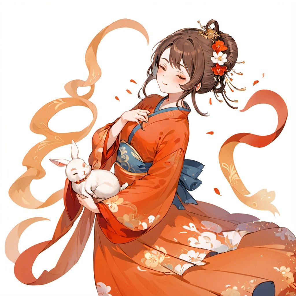 (\chang e\),1girl, white background, closed eyes, holding rabbit, brown hair, full body, solo, flower,sash, hair flower, smile, orange dress, standing, jewelry, closed mouth, red lips, long hair, dress, single hair bun, updo