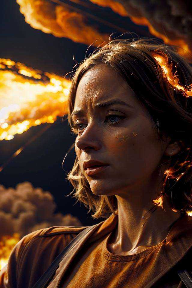 cinematic style,1girl,Emily Blunt,brown clothes,close-up,silhouette,explode,nuclear explosion,flame,solo,surrounded by orange smoke,(orange theme:1.5),outdoors,masterpiece,best quality,ultra highres,beautiful and detailed skin,<lora:Oppenheimer-000000:1>,